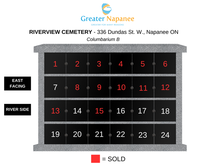 Sold niches at Riverview Cemetery in Columbarium B - East Facing