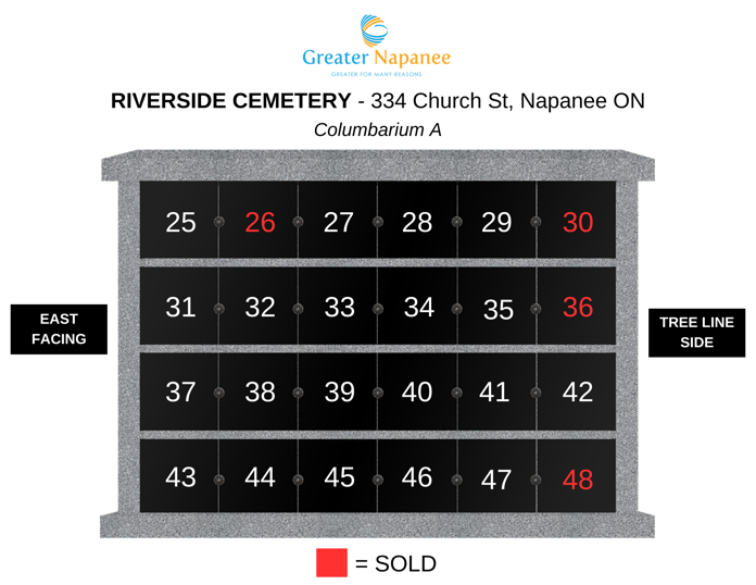 Sold niches in the columbarium at Riverside Cemetery on the east facing side